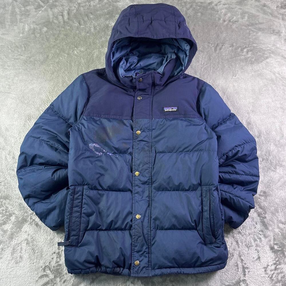 Patagonia Bivy Down Hoody Jacket Boys Large 12 Blue Puffer Full Zip Winter Coat - Picture 1 of 7